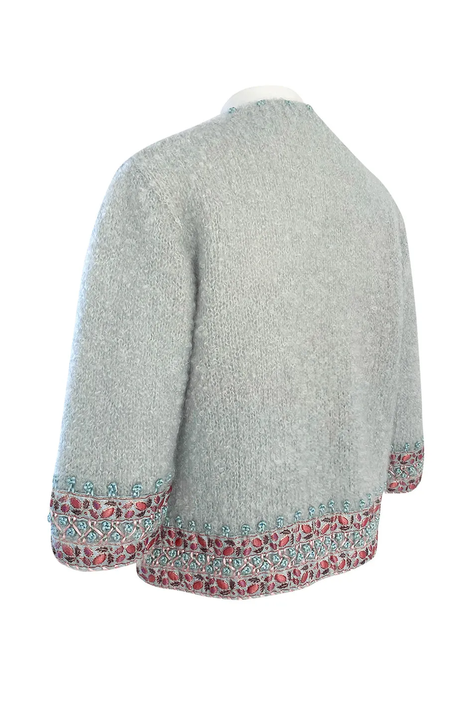 1950s I. Magnin Pale Blue Sweater Cardigan w Silk Ribbon and Hand Done Embroidery Work