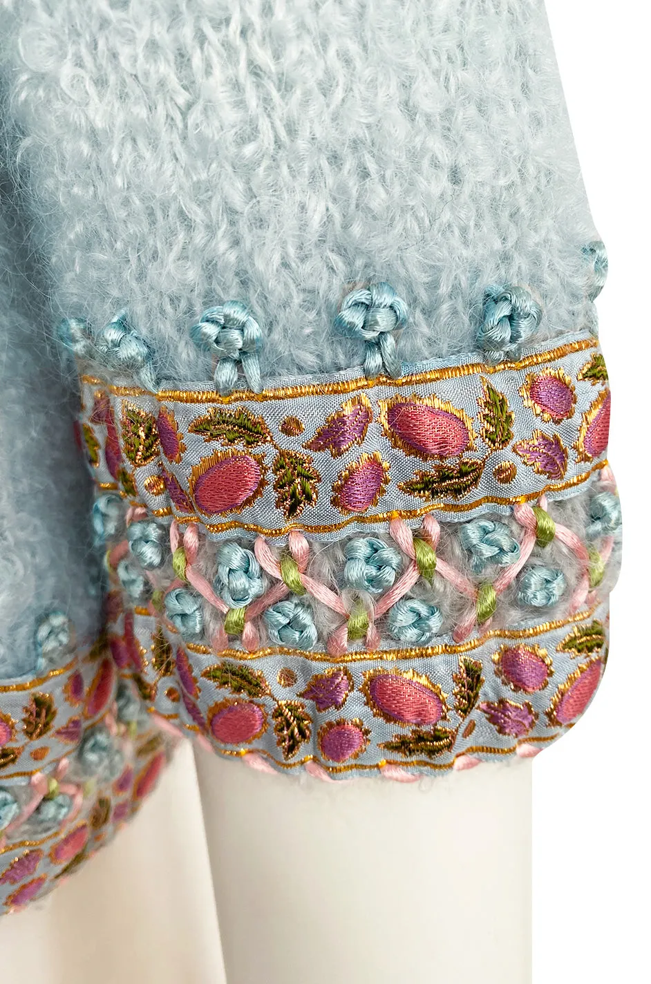 1950s I. Magnin Pale Blue Sweater Cardigan w Silk Ribbon and Hand Done Embroidery Work