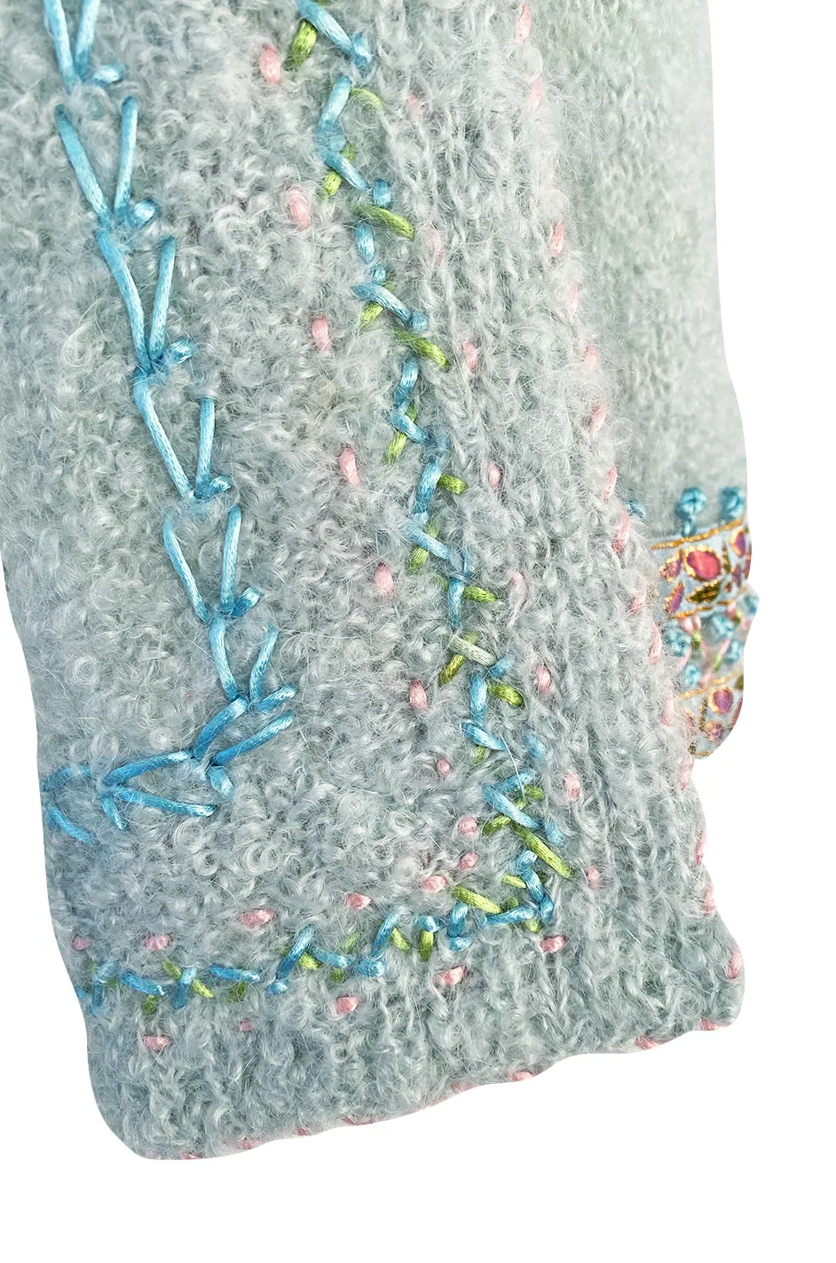 1950s I. Magnin Pale Blue Sweater Cardigan w Silk Ribbon and Hand Done Embroidery Work