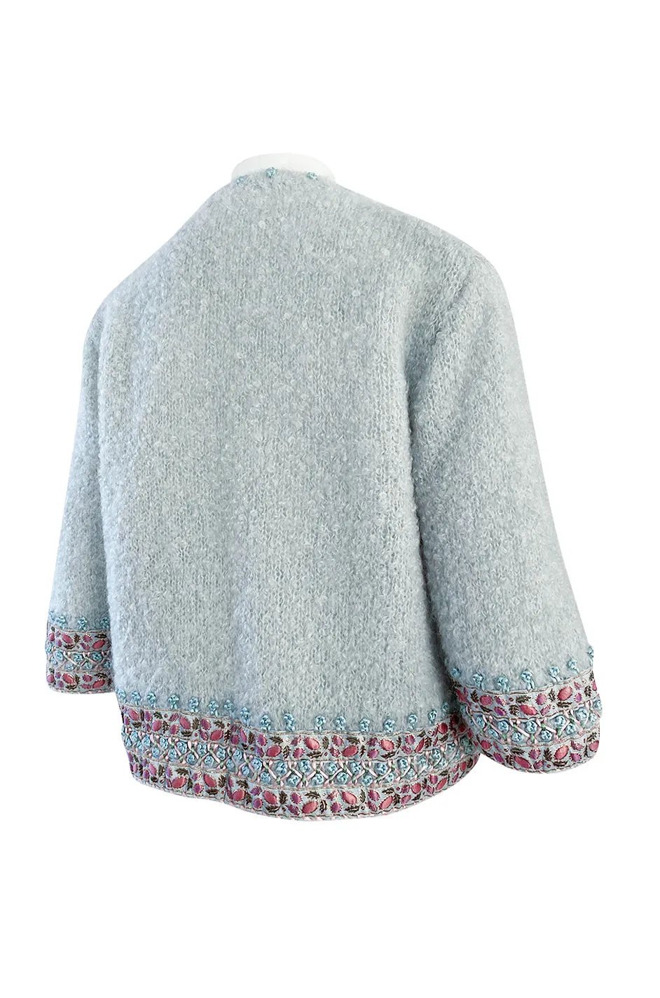 1950s I. Magnin Pale Blue Sweater Cardigan w Silk Ribbon and Hand Done Embroidery Work