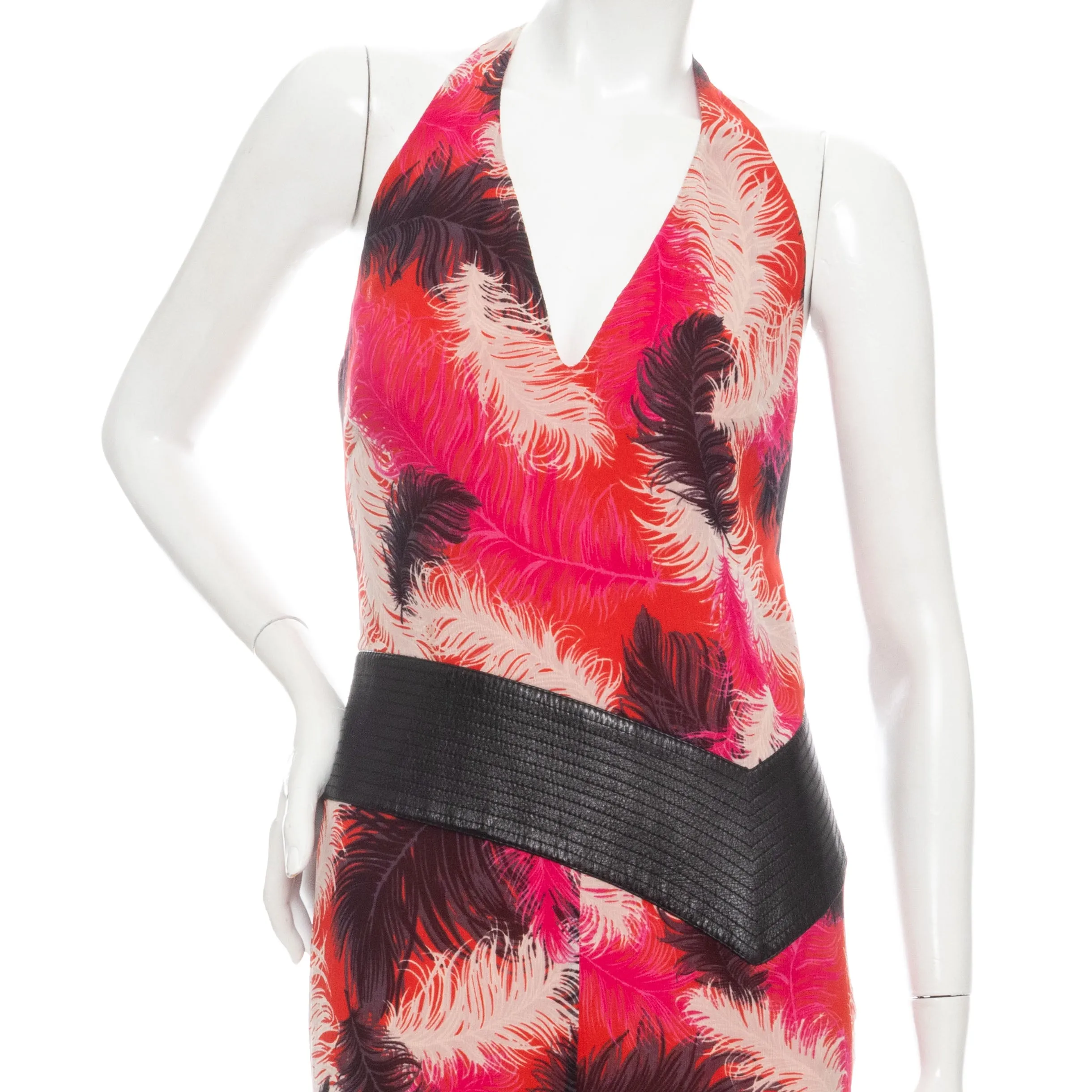 2001 Pink Silk-Blend Feather Print Halter Dress