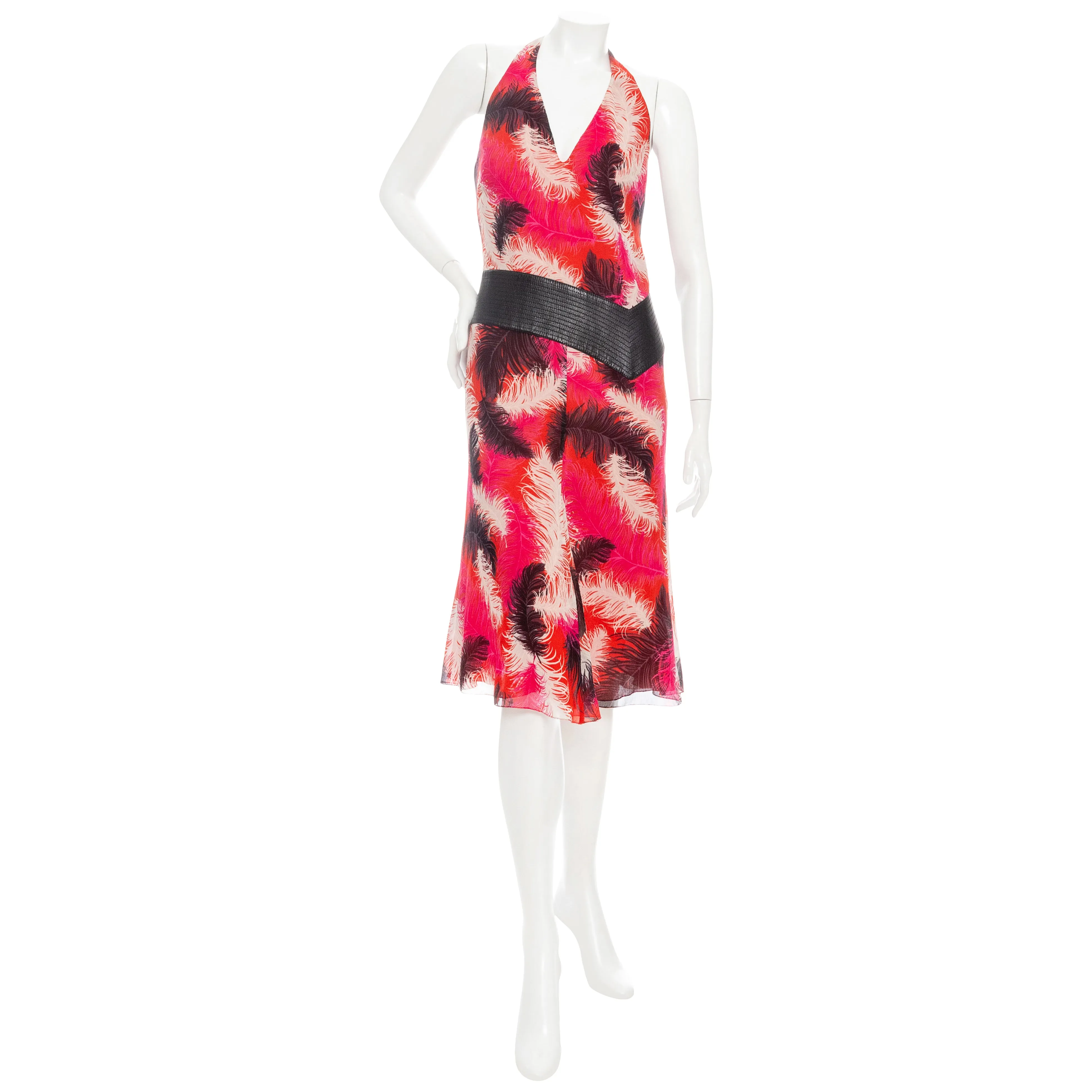 2001 Pink Silk-Blend Feather Print Halter Dress