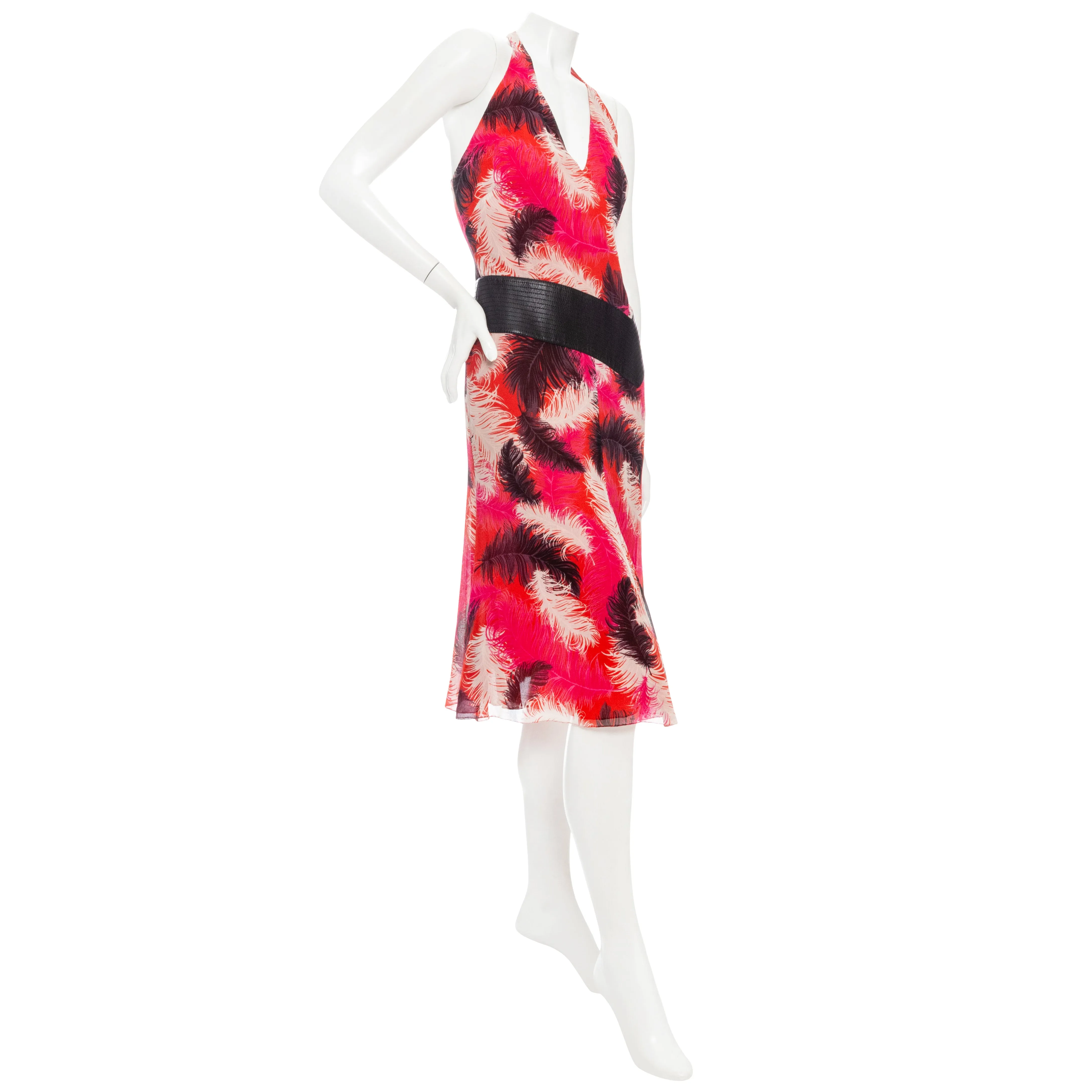 2001 Pink Silk-Blend Feather Print Halter Dress