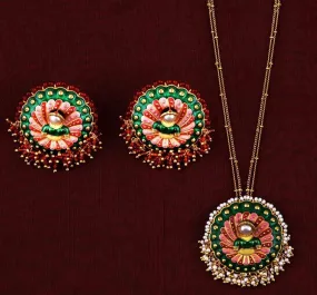 21A095 Multicolor Enamel Gold Plated Pendent Set with Earrings