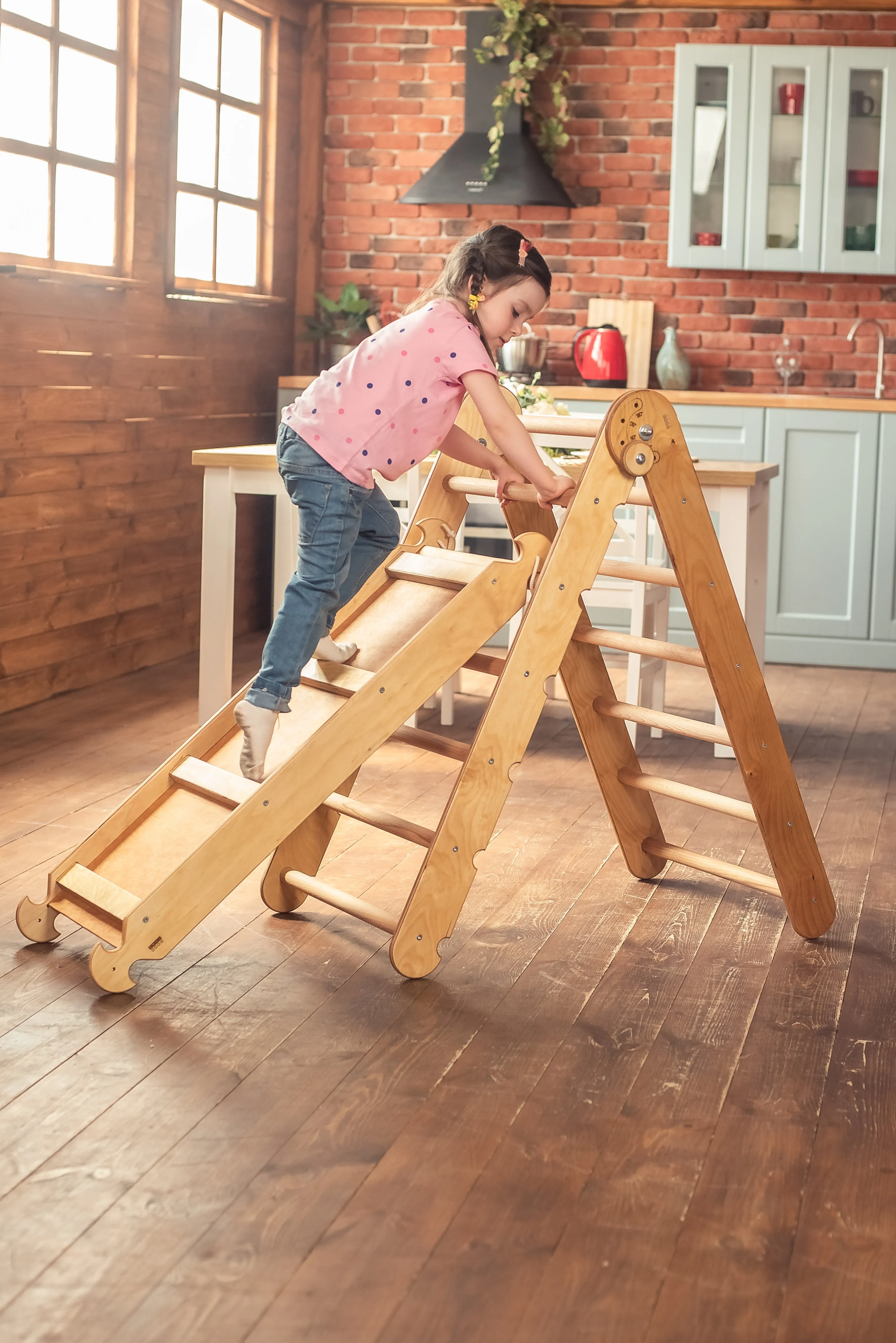 2in1 Montessori Climbing Set: Triangle Ladder   Slide Board/Ramp – Beige