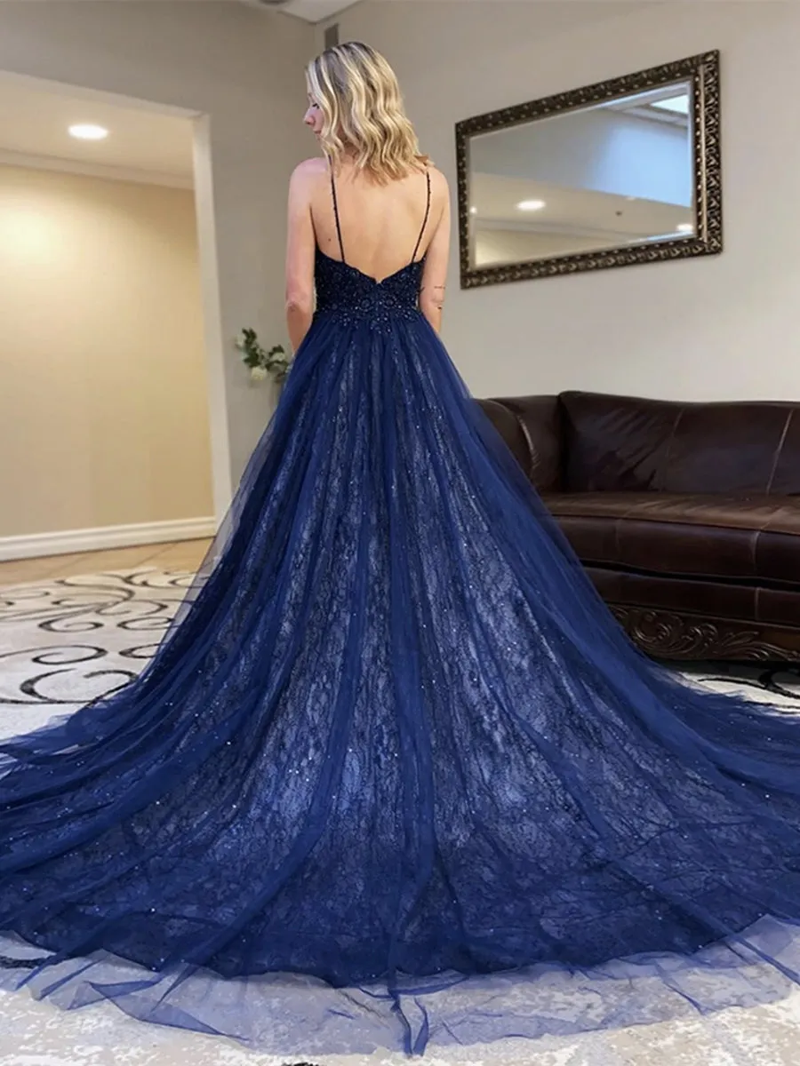 A-line V Neck Sequins Backless Tulle Long Prom Dresses Dark Navy Formal Evening Gowns