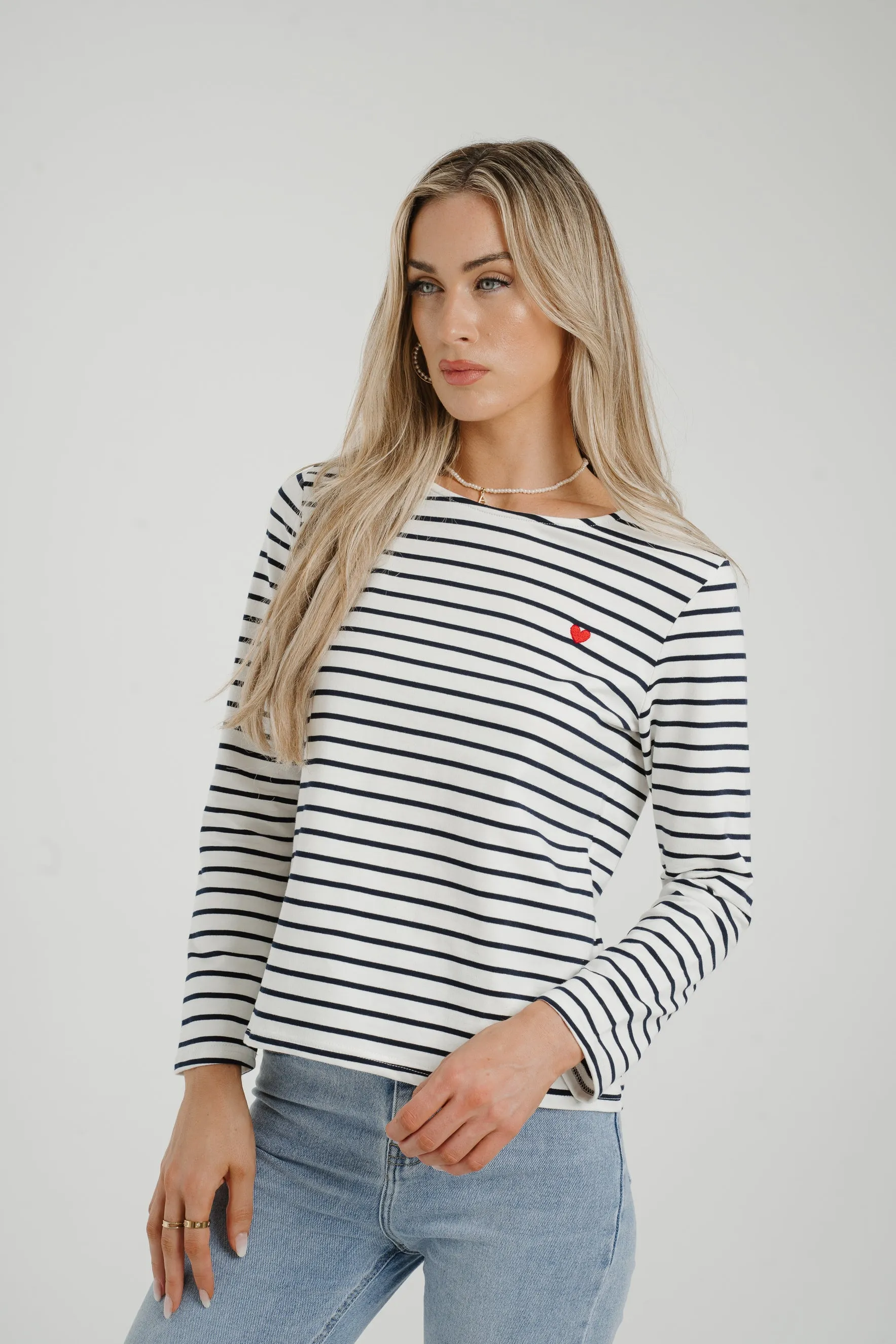 Ally Stripe Top With Heart In Navy Mix