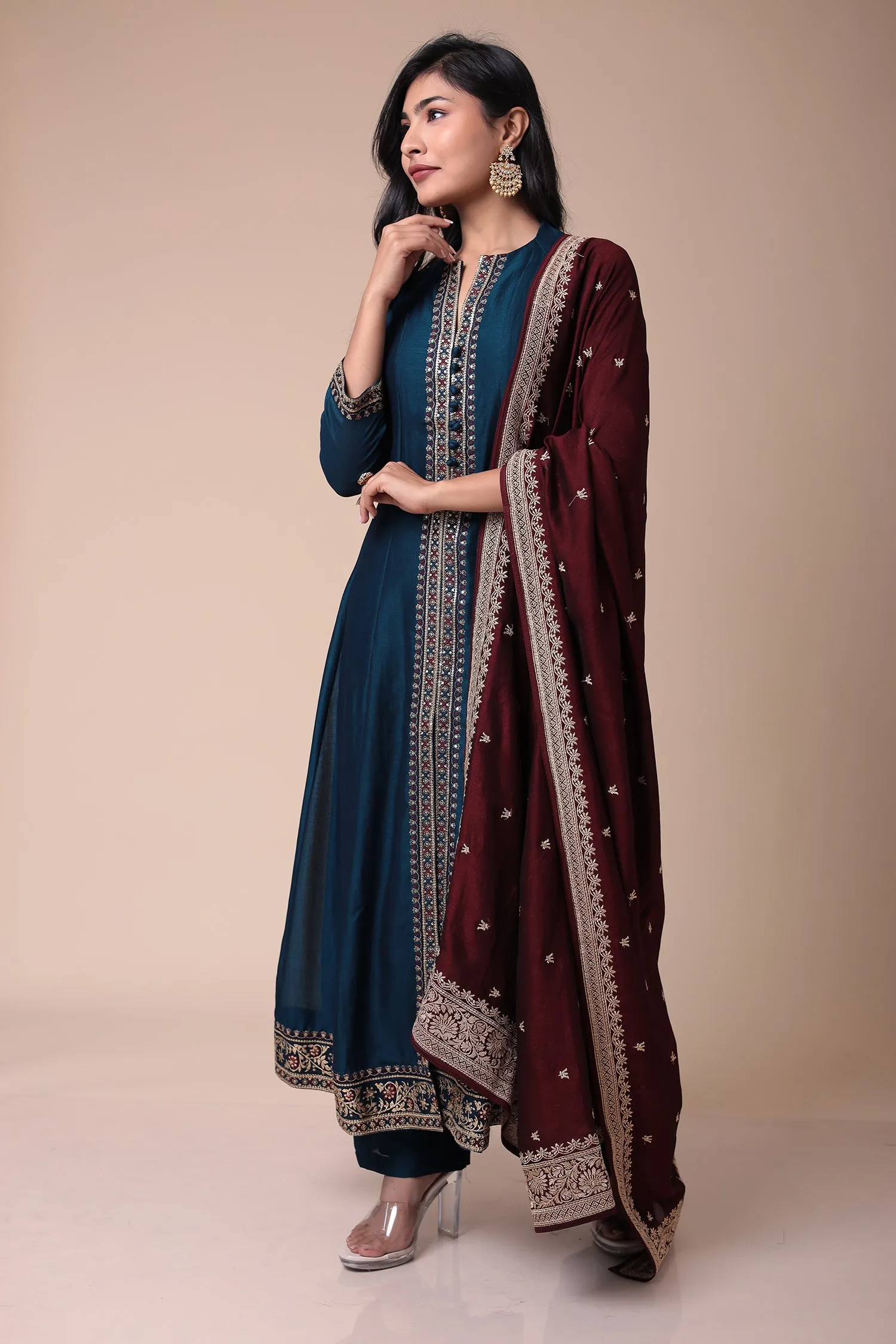 Anarkali Silk Suit with Embroidered Dupatta