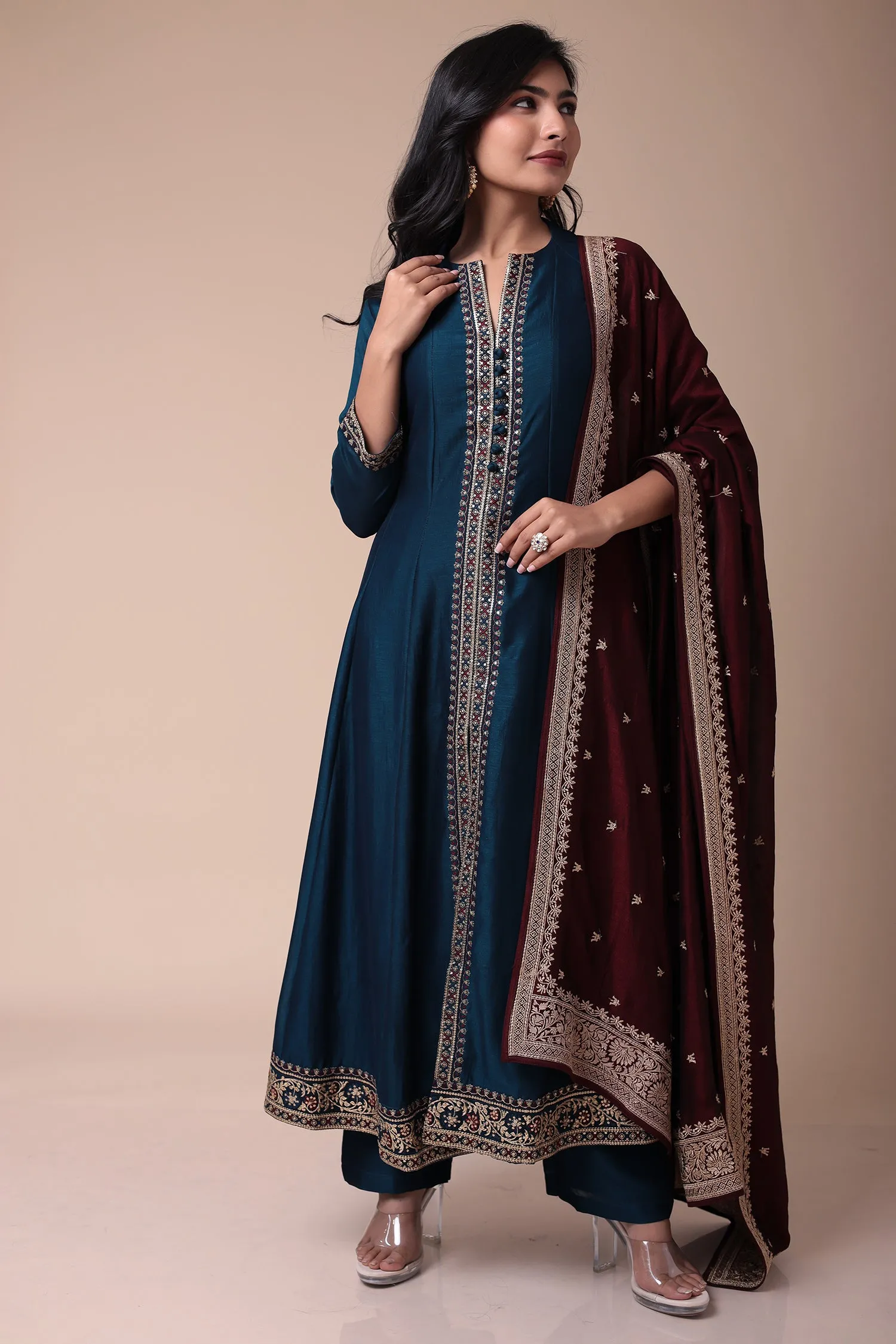 Anarkali Silk Suit with Embroidered Dupatta