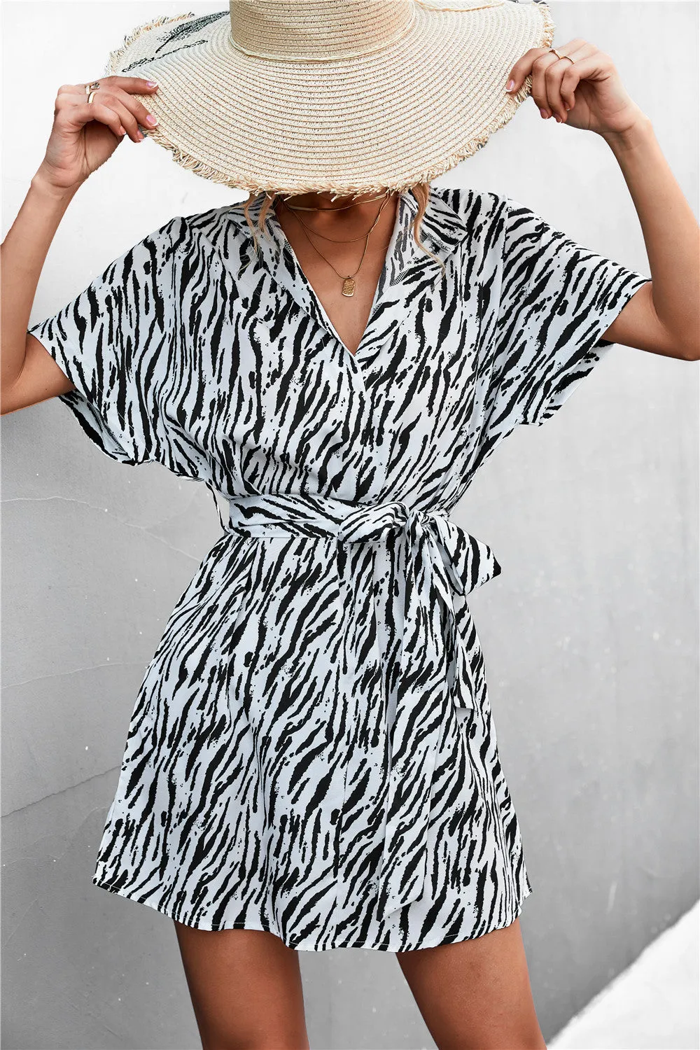 Animal Print Tie-Waist Mini Shirt Dress