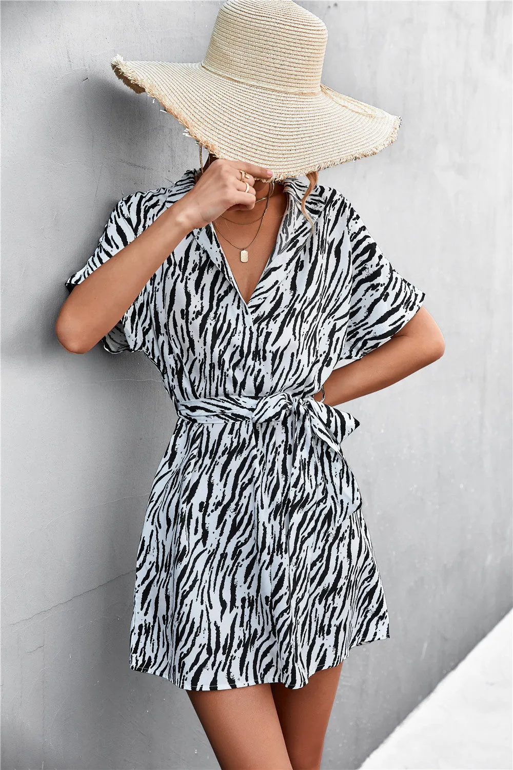 Animal Print Tie-Waist Mini Shirt Dress