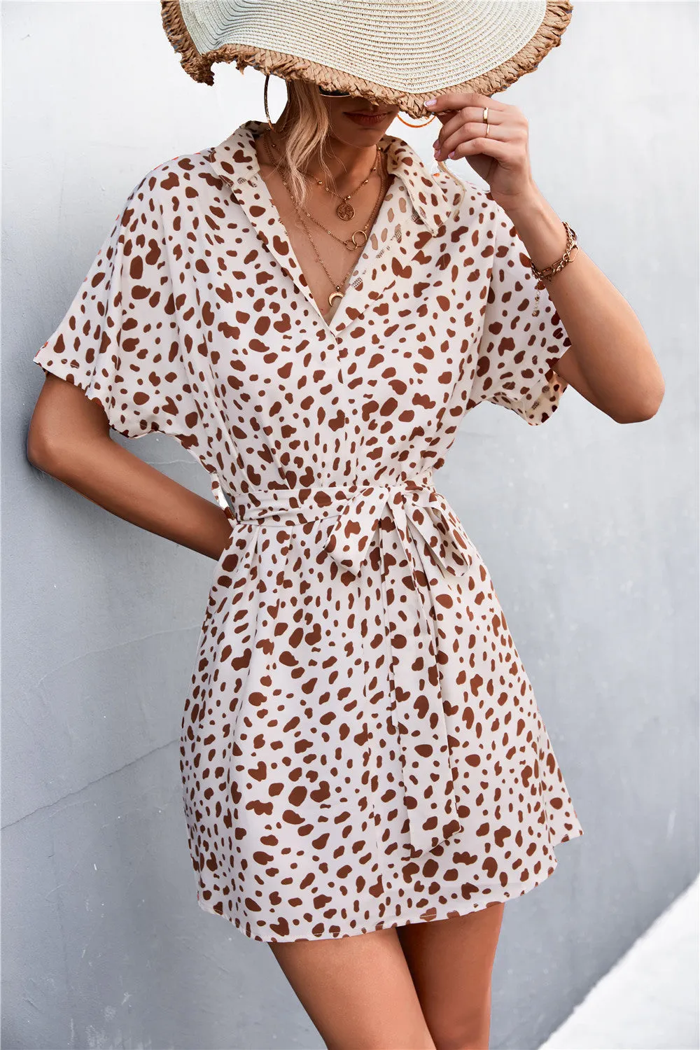 Animal Print Tie-Waist Mini Shirt Dress