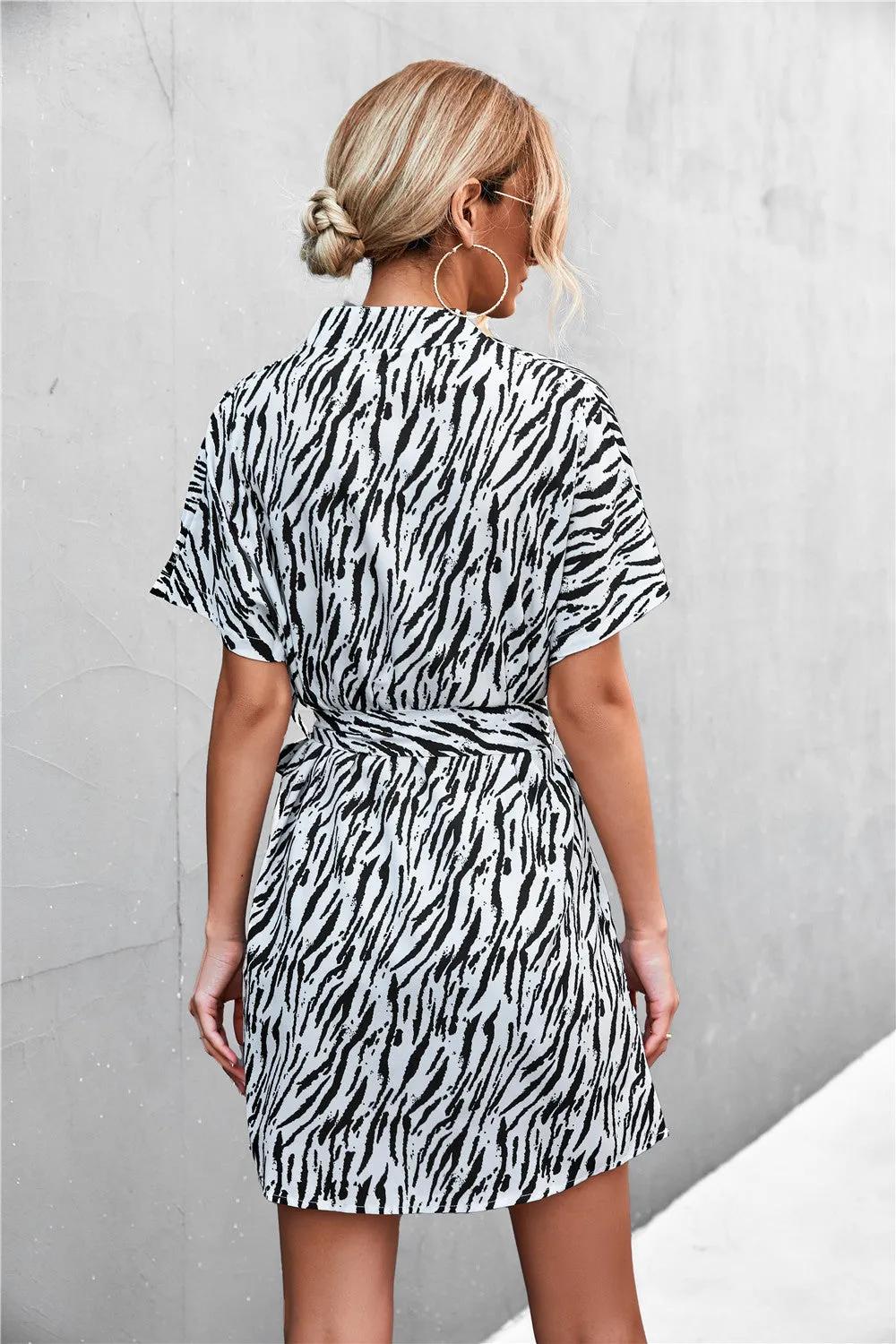 Animal Print Tie-Waist Mini Shirt Dress