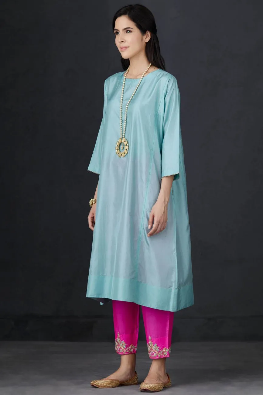 Aqua And Pink Embroidered Tunic Set