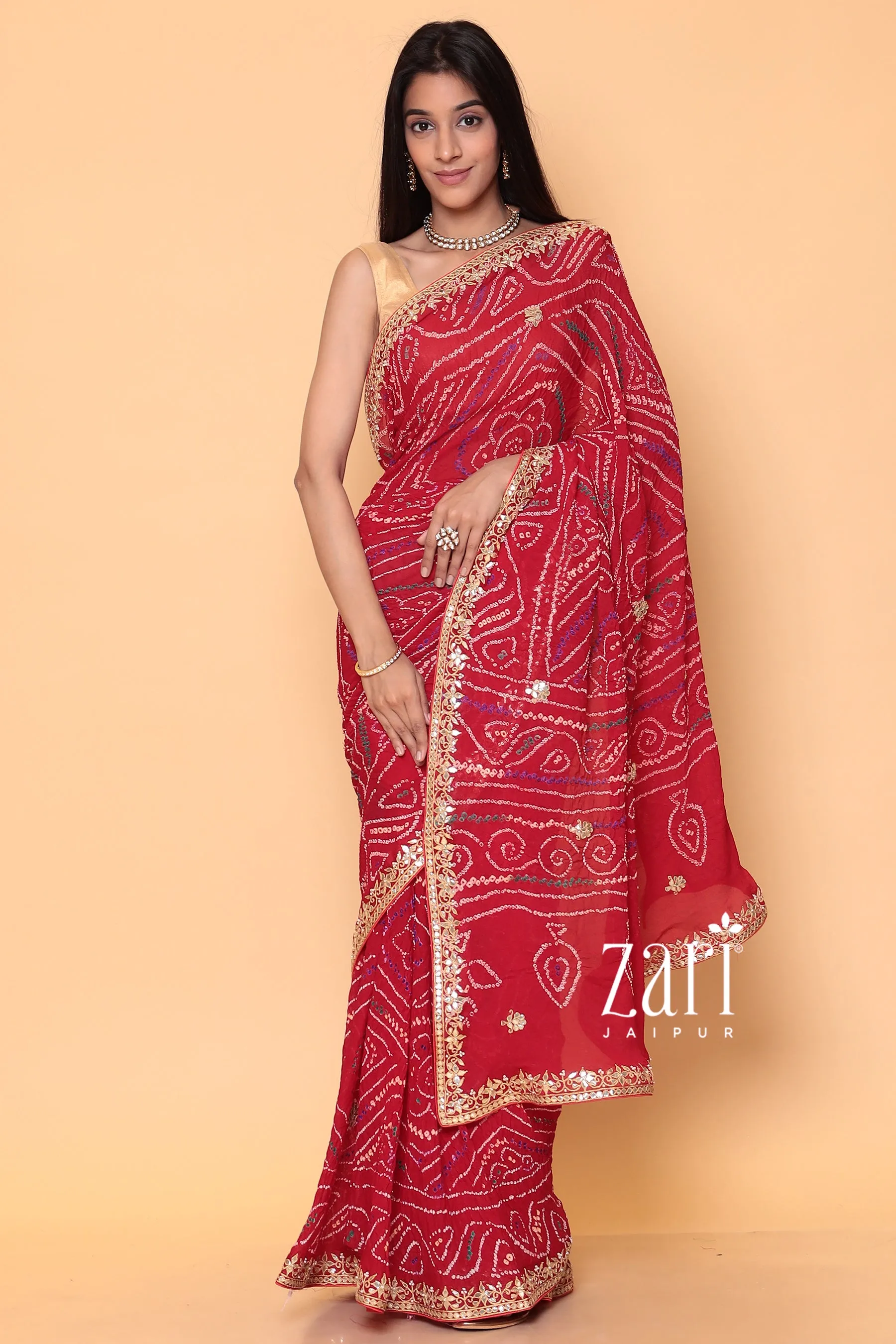 Bandhej Georgette Saree with Dori, Gota Patti, Pearl work.