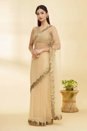 Beige Scalloped Hem Saree