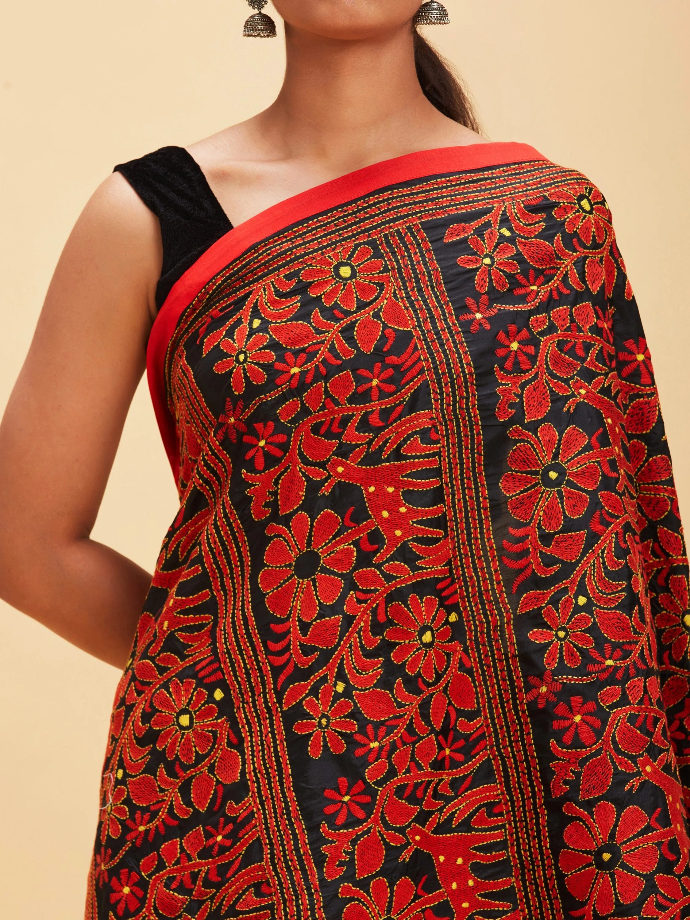 Black and Red Kantha Stitch Sari