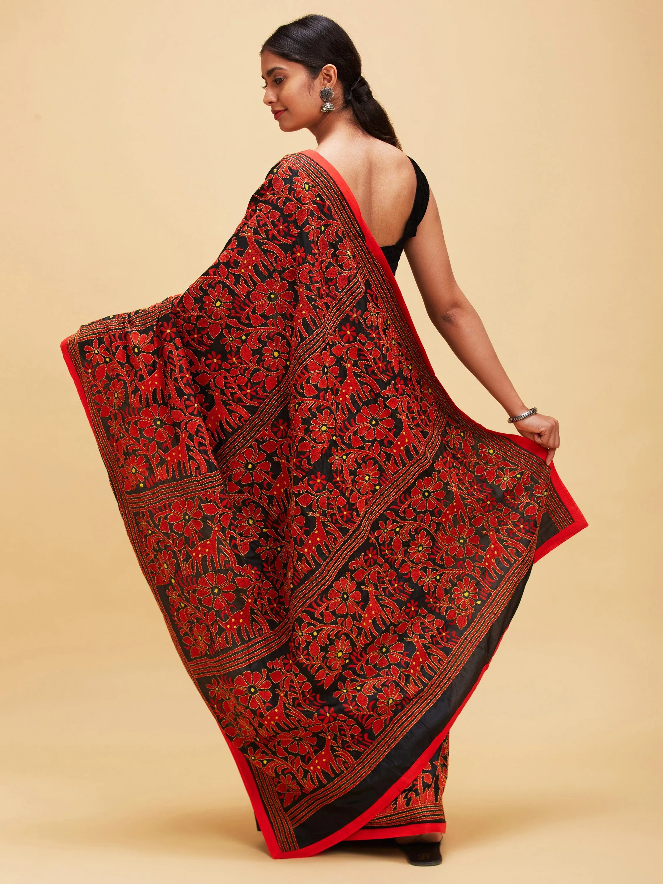 Black and Red Kantha Stitch Sari