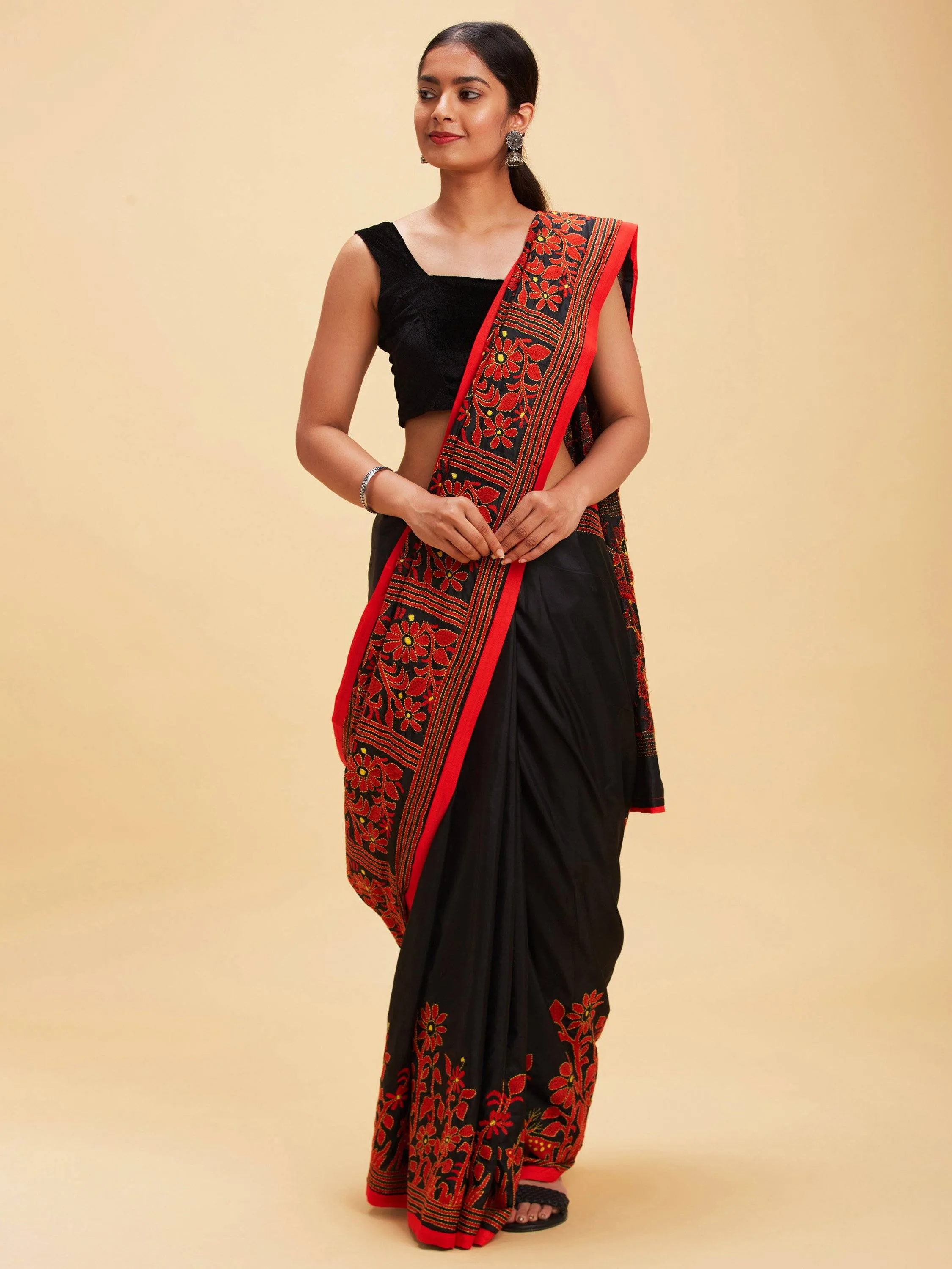 Black and Red Kantha Stitch Sari