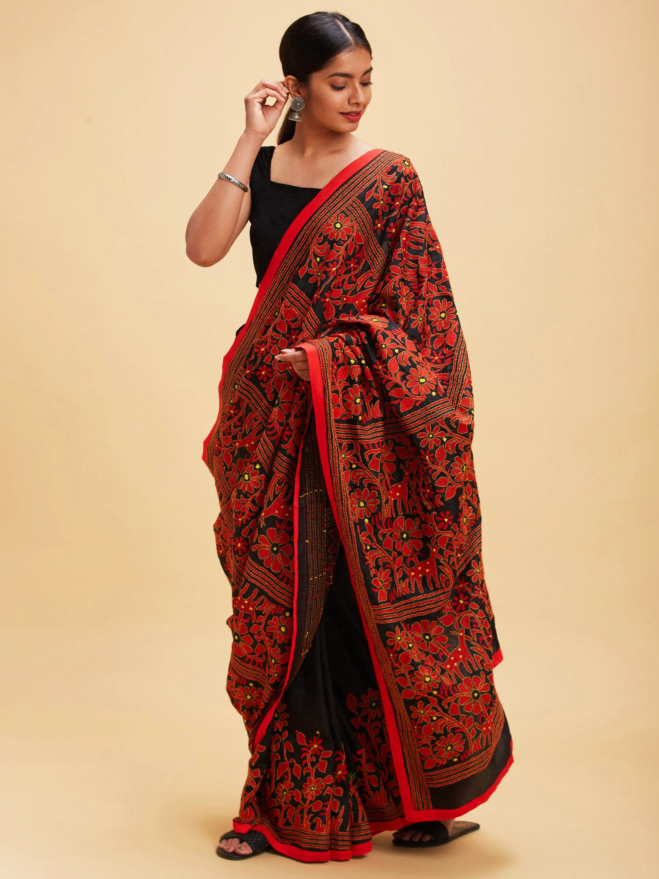 Black and Red Kantha Stitch Sari