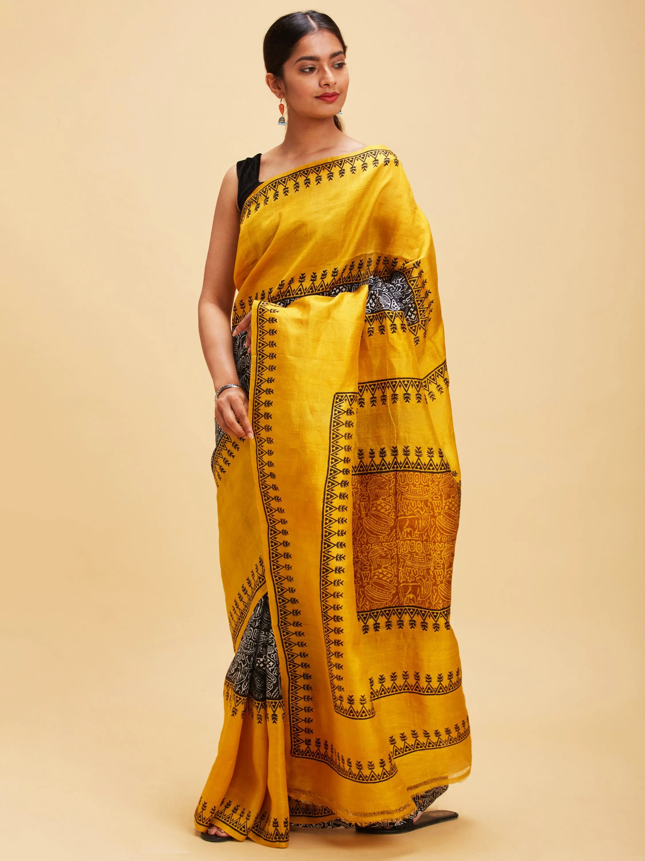 Black and Yellow Block Printed Pure Silk Saree