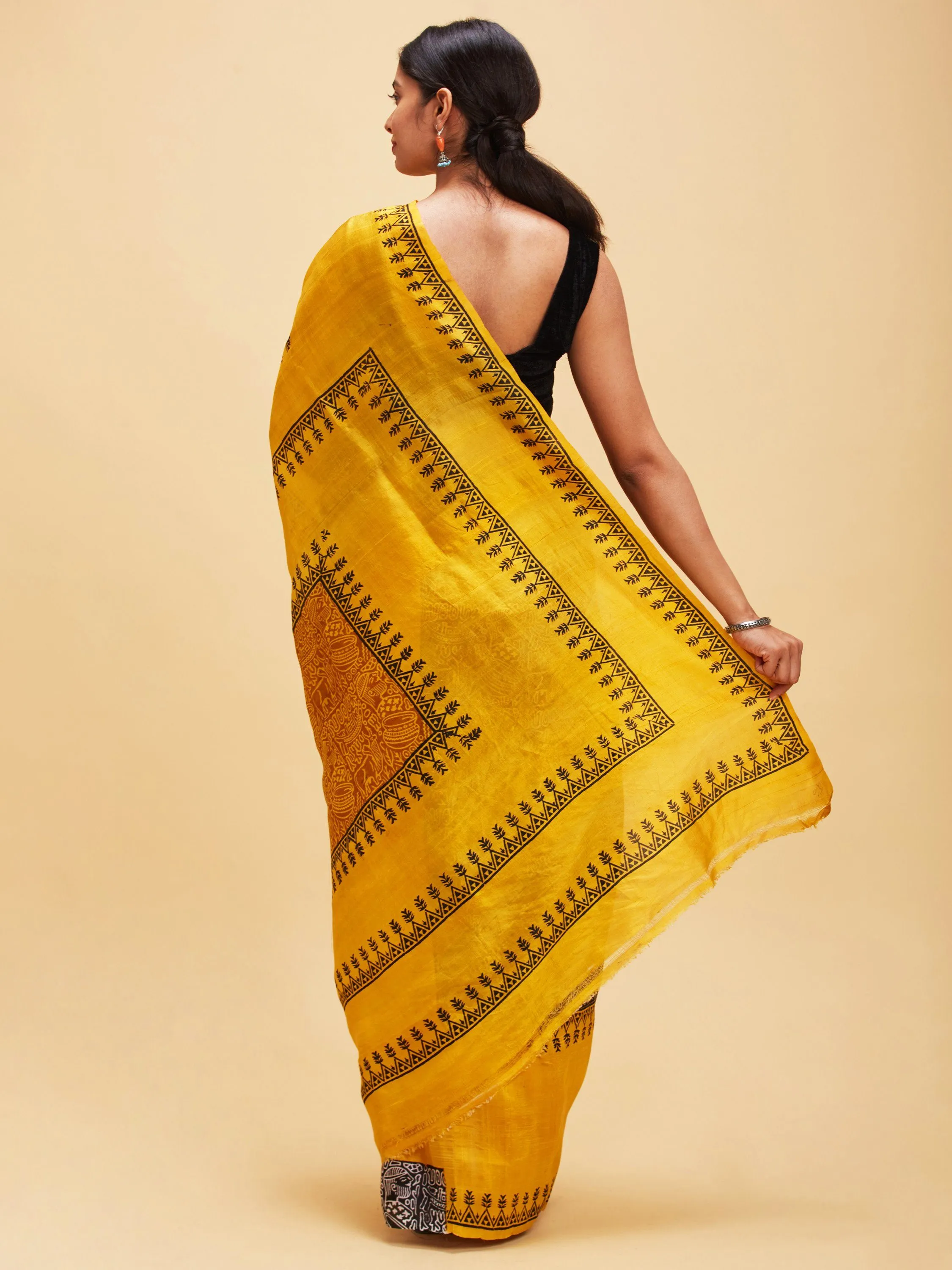 Black and Yellow Block Printed Pure Silk Saree