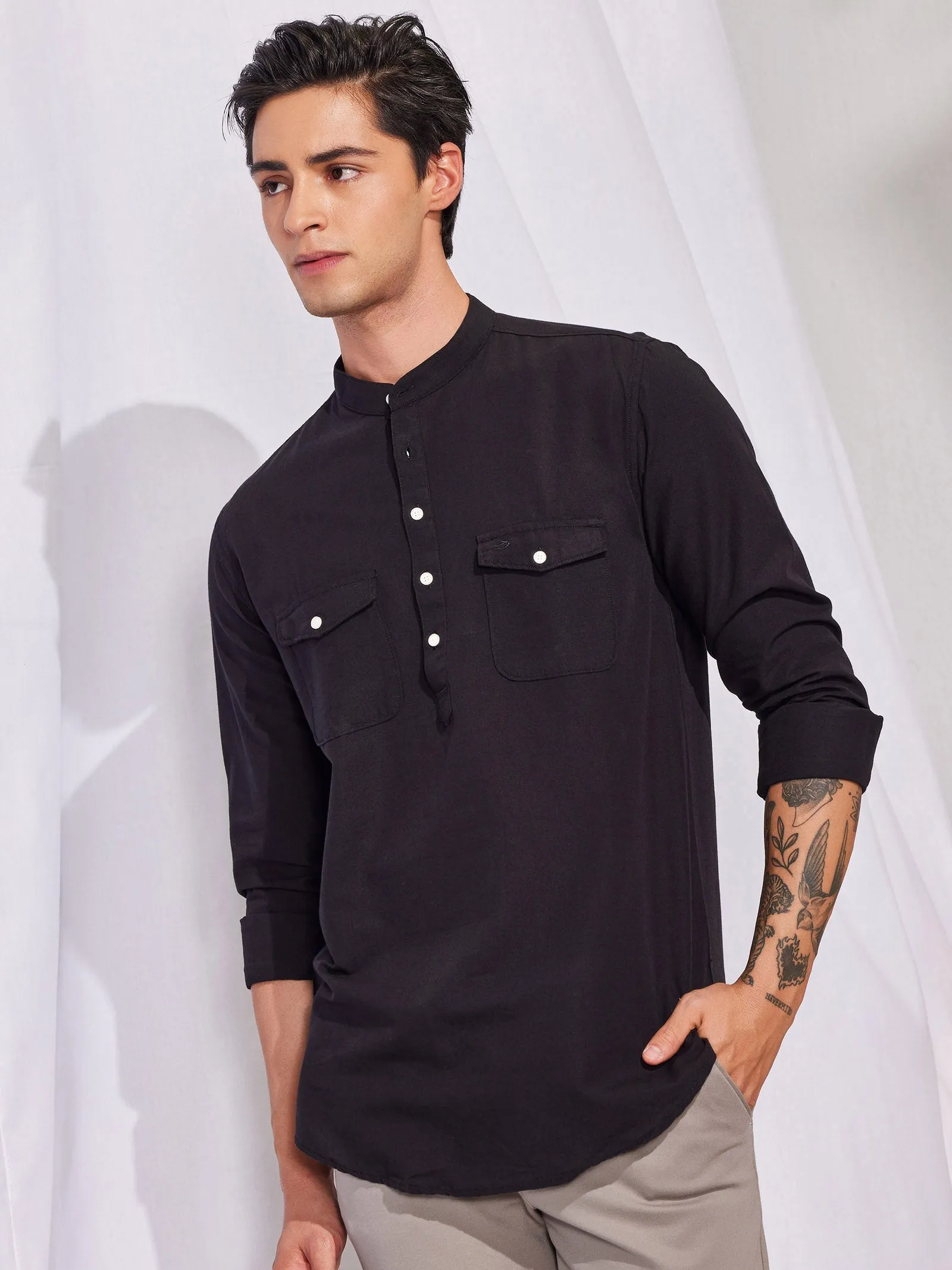 Black Double Pocket Kurta