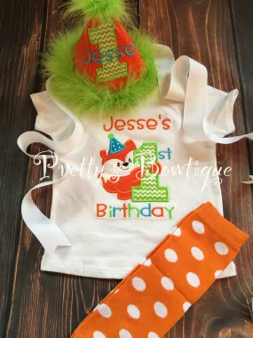 Boy’s Fox Birthday shirt with Matching Hat, legwarmers & Bib -Woodland Birthday Shirt- Fox Shirt- 1st Birthday little fox-- Cake smash