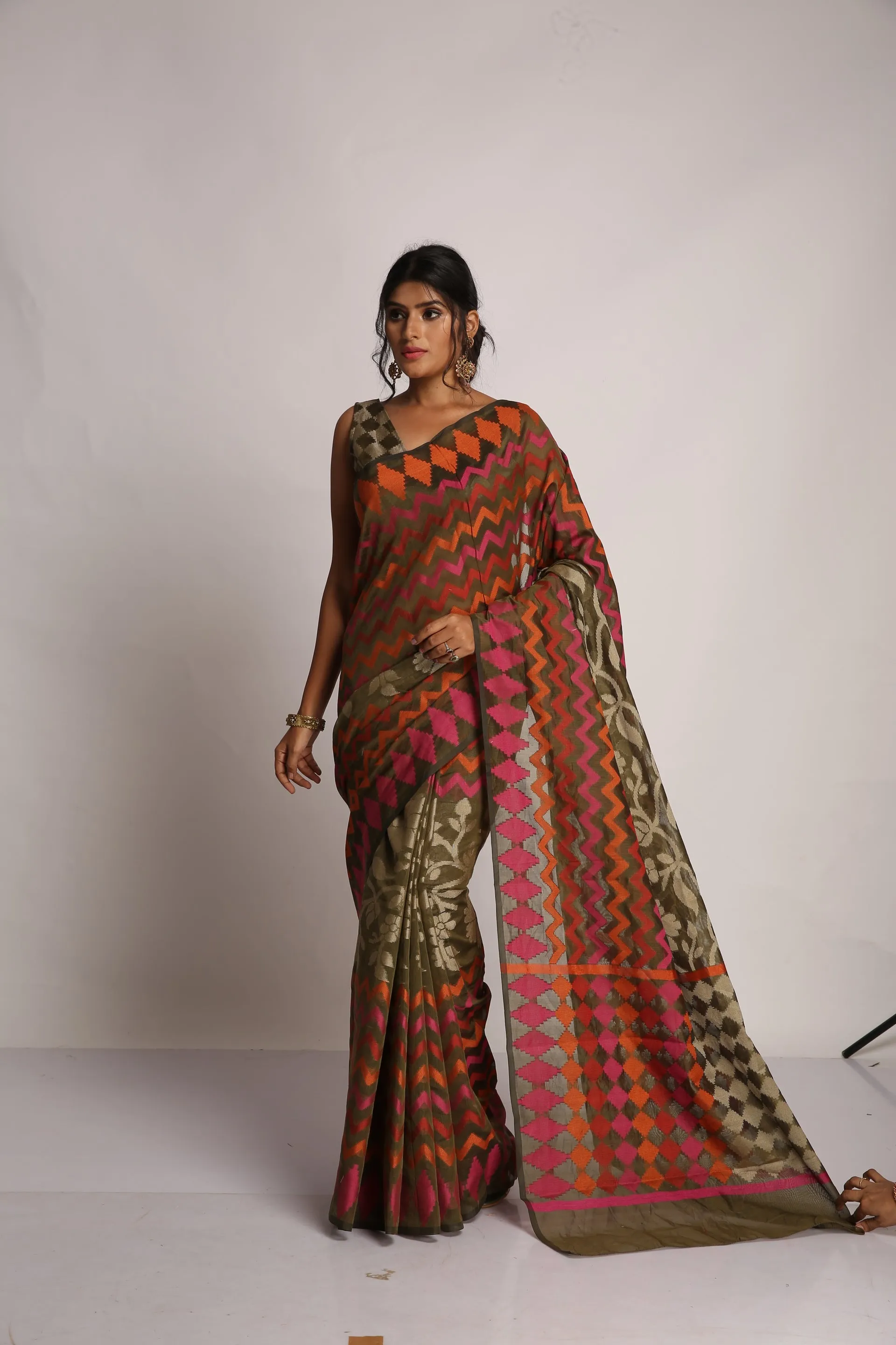 Brown Zig and Zag Saree