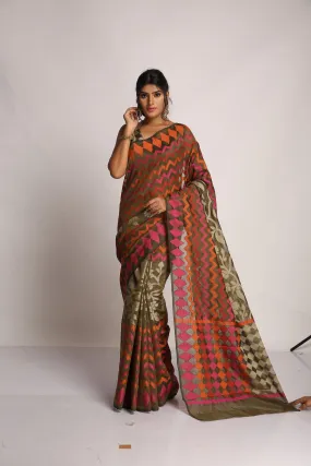 Brown Zig and Zag Saree