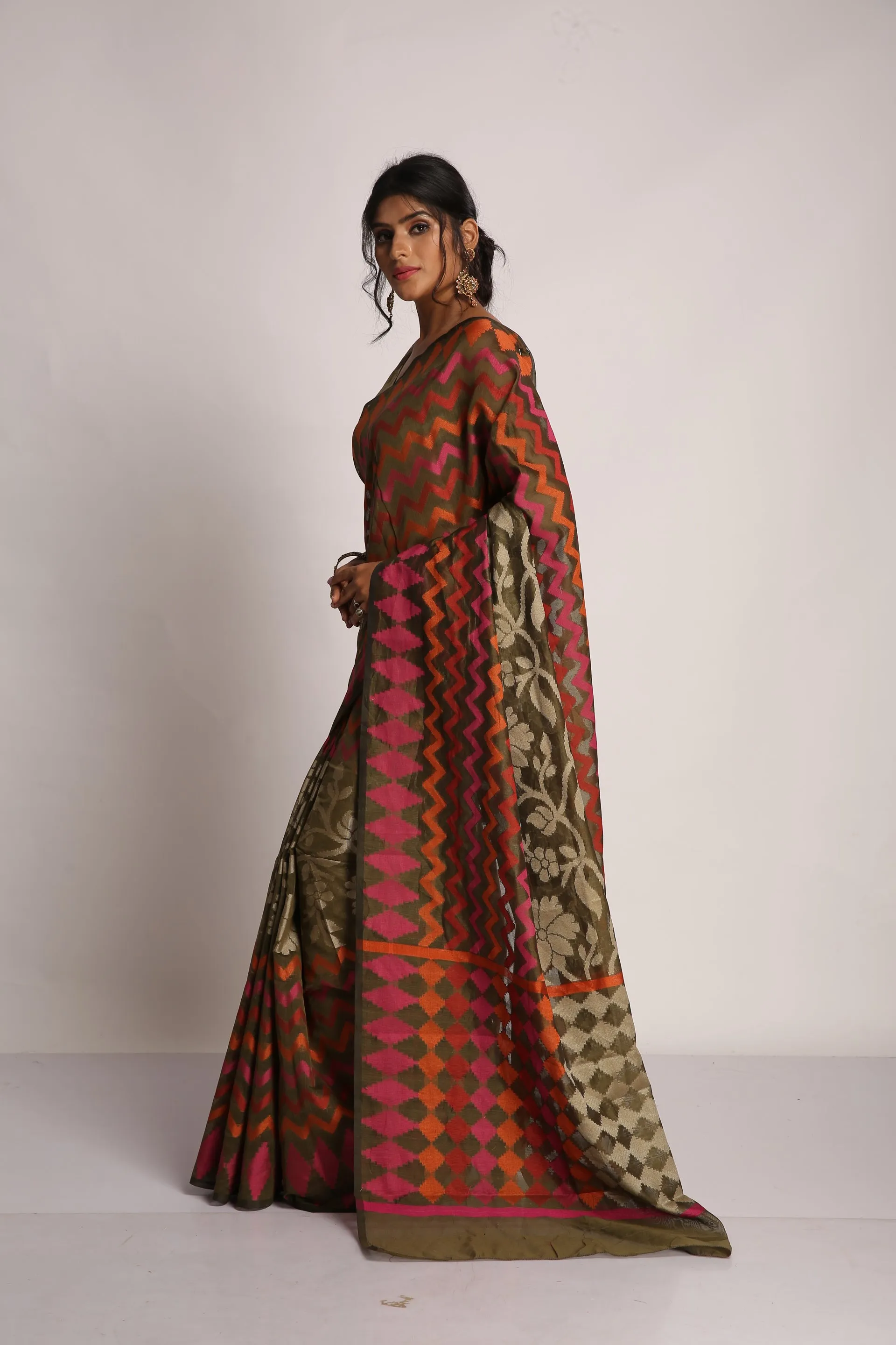 Brown Zig and Zag Saree