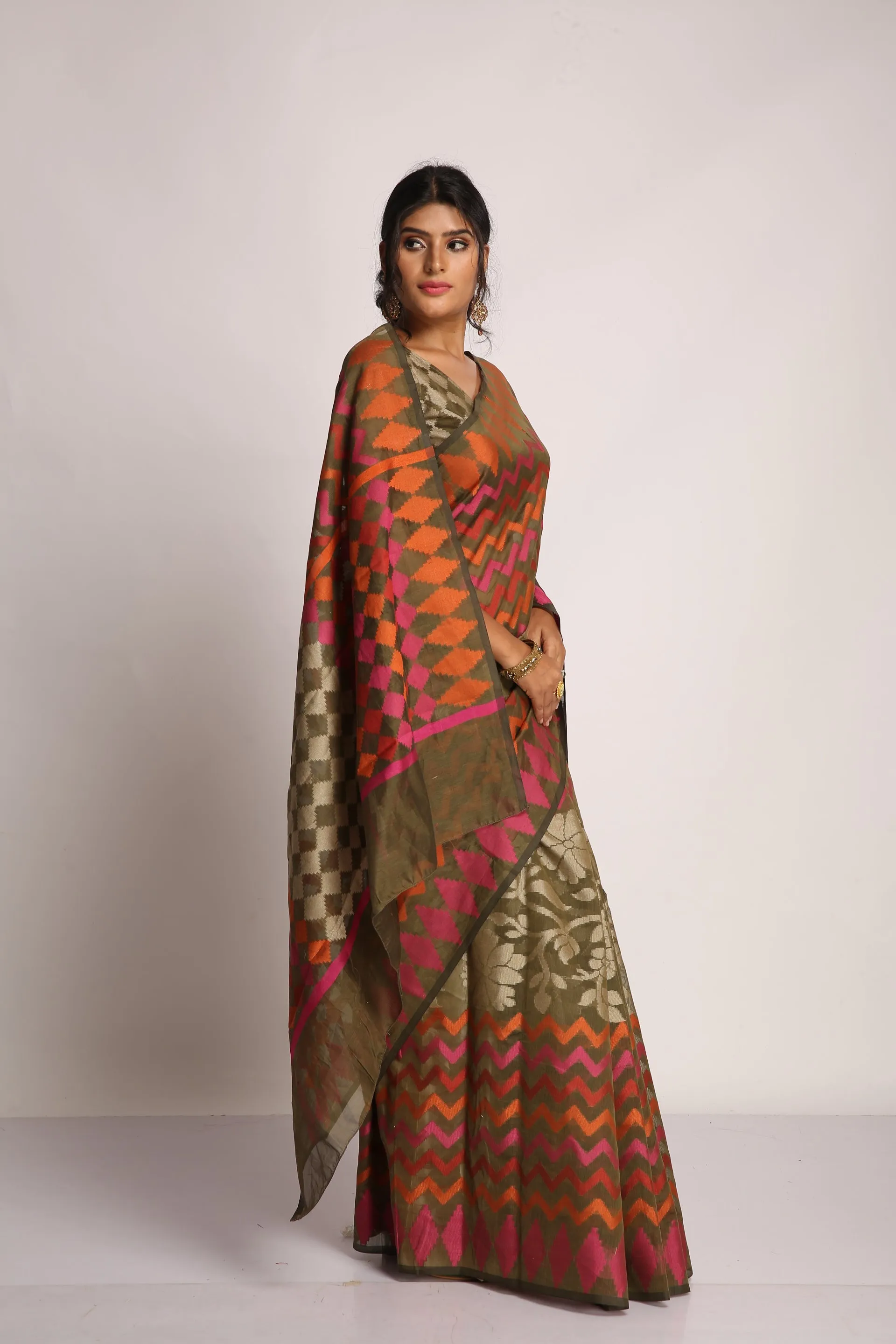 Brown Zig and Zag Saree