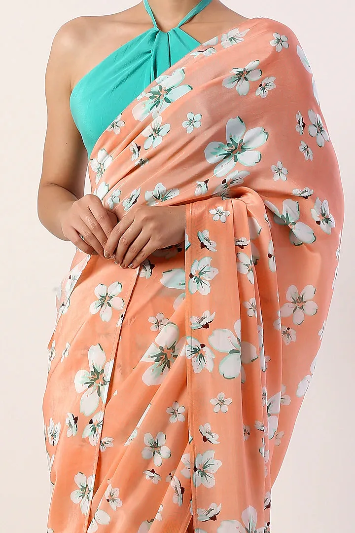 Coral Saree Set With Print