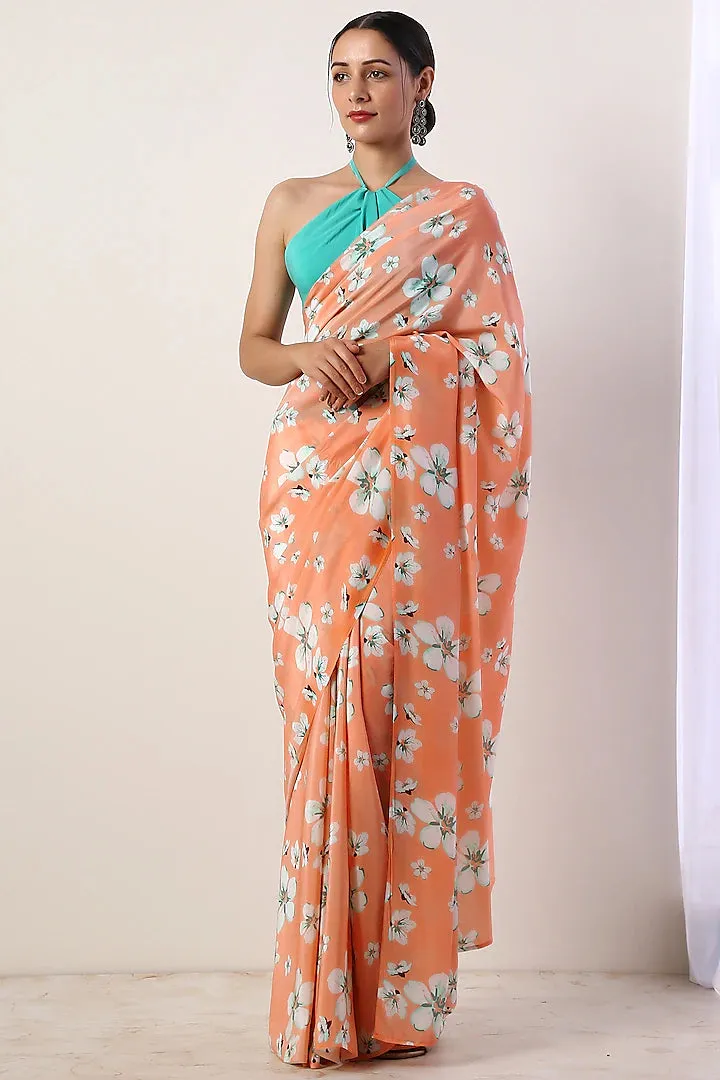 Coral Saree Set With Print