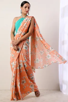 Coral Saree Set With Print