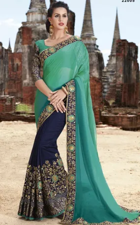 Dark nevy and teal half-half chiffon saree