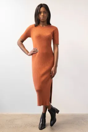 Faith Terracotta Rib Knit Half Sleeve Midi Dress