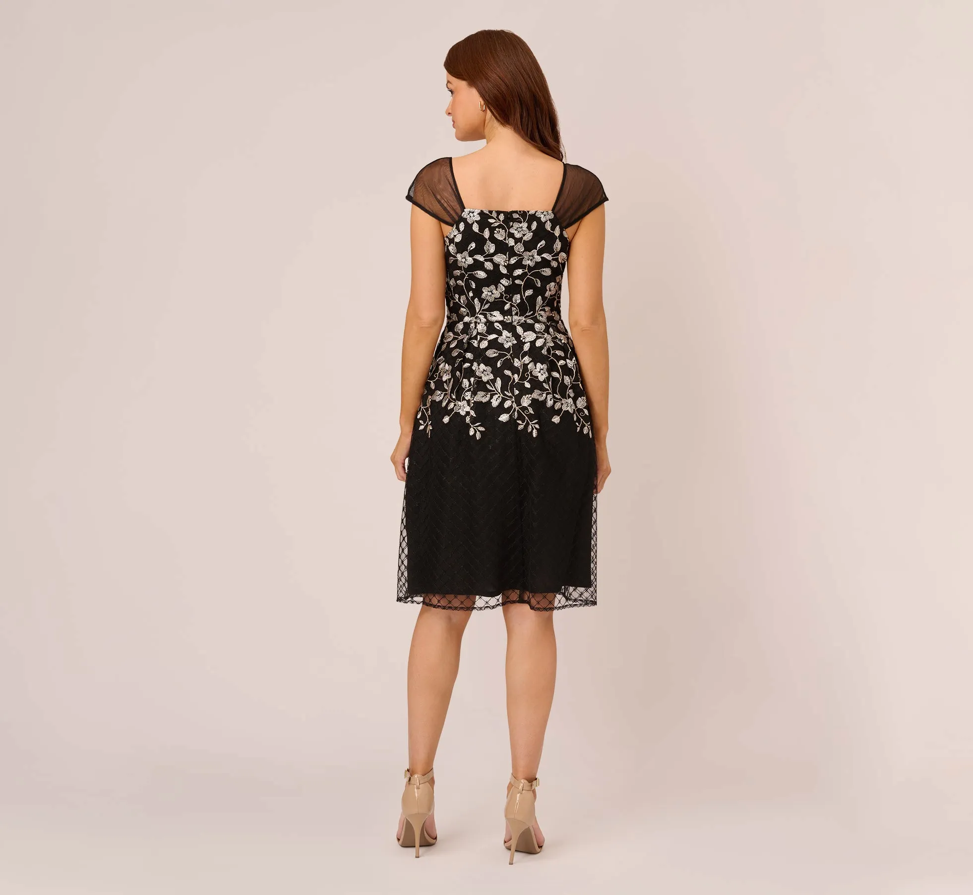 Floral Embroidered Midi Dress With Sheer Cap Sleeves In Black Ivory