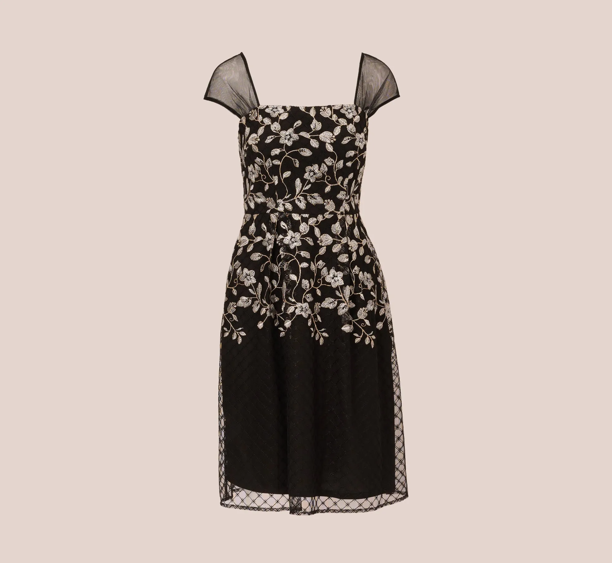 Floral Embroidered Midi Dress With Sheer Cap Sleeves In Black Ivory