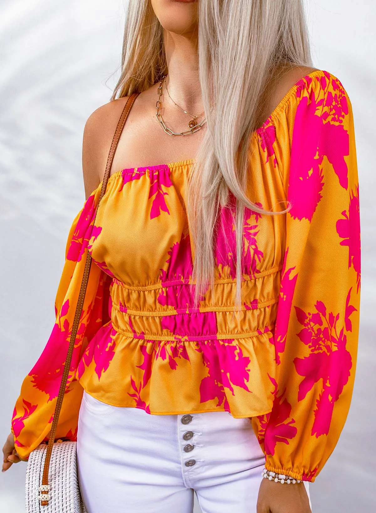 Floral Print Casual T Shirts Ruffle Off Shoulder Shift Sexy Blouse