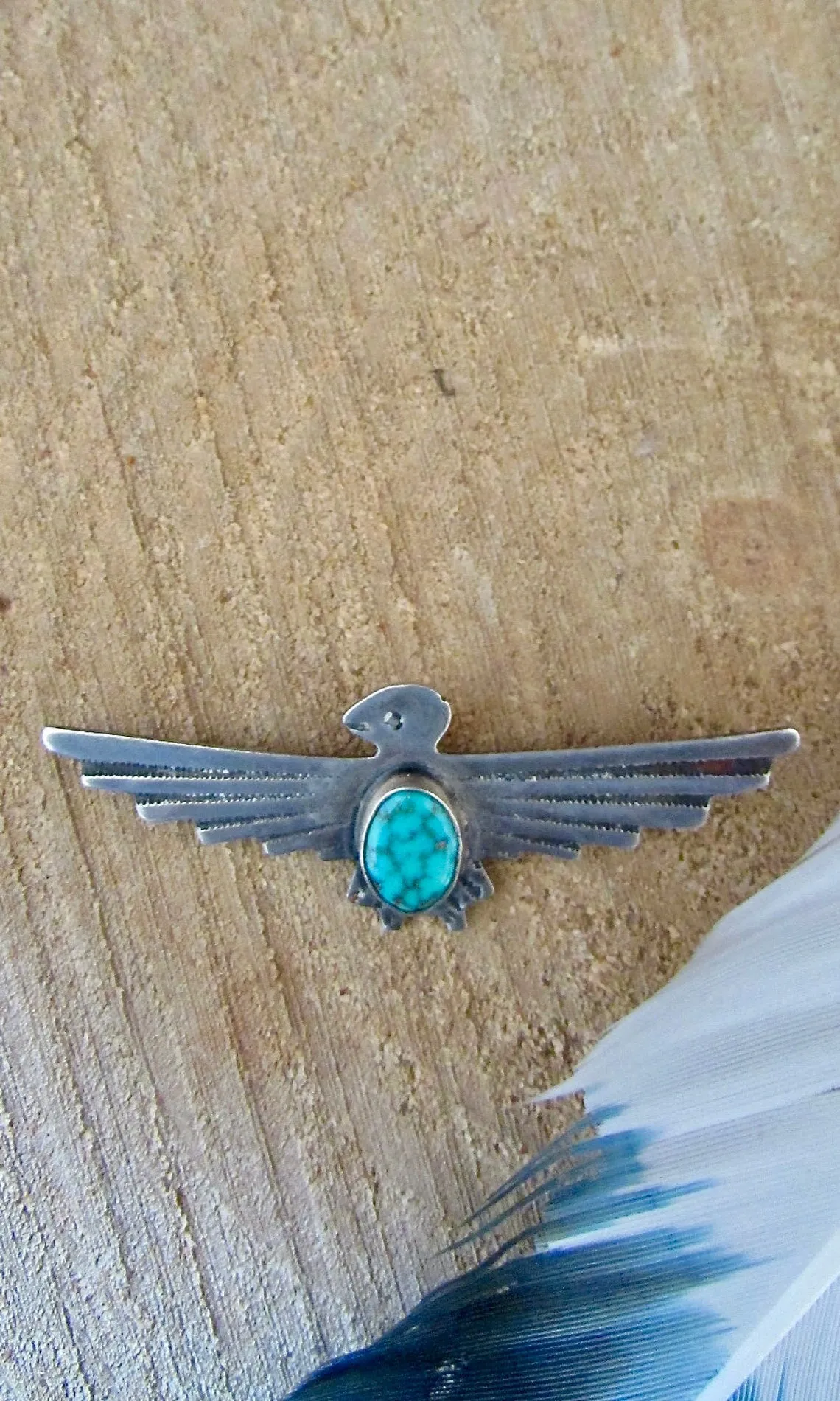 FRED HARVEY ERA Vintage 30s Silver and Turquoise Thunderbird Brooch