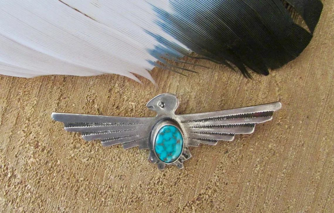 FRED HARVEY ERA Vintage 30s Silver and Turquoise Thunderbird Brooch