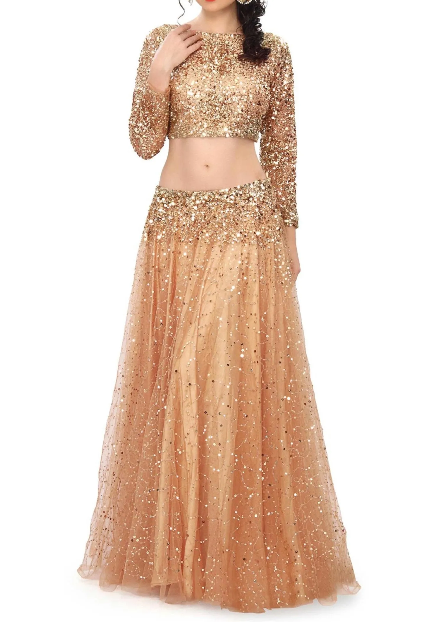 Gold lehenga embellished in sequin embroidery