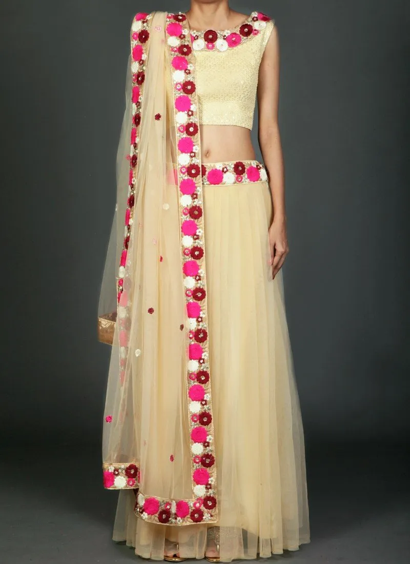 Golden Cream Multicolor Net Lehenga