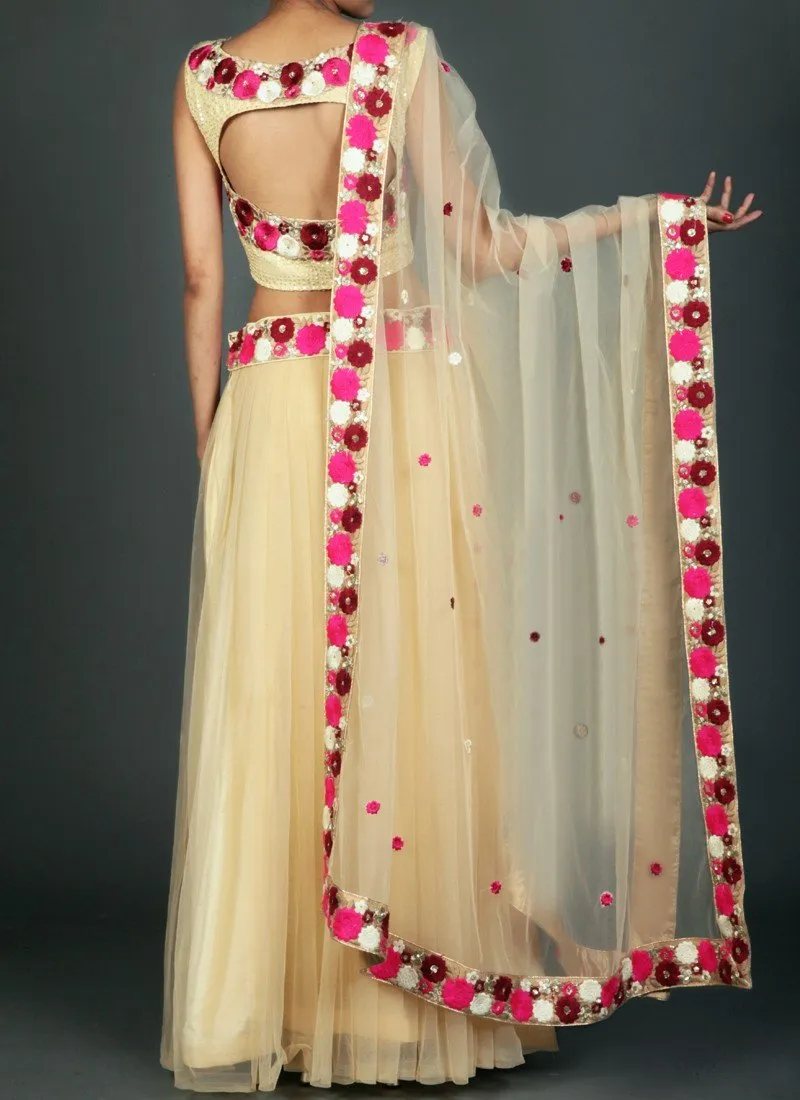 Golden Cream Multicolor Net Lehenga