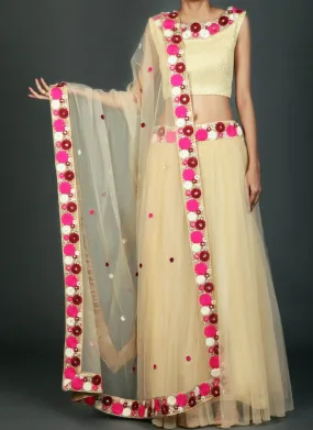 Golden Cream Multicolor Net Lehenga