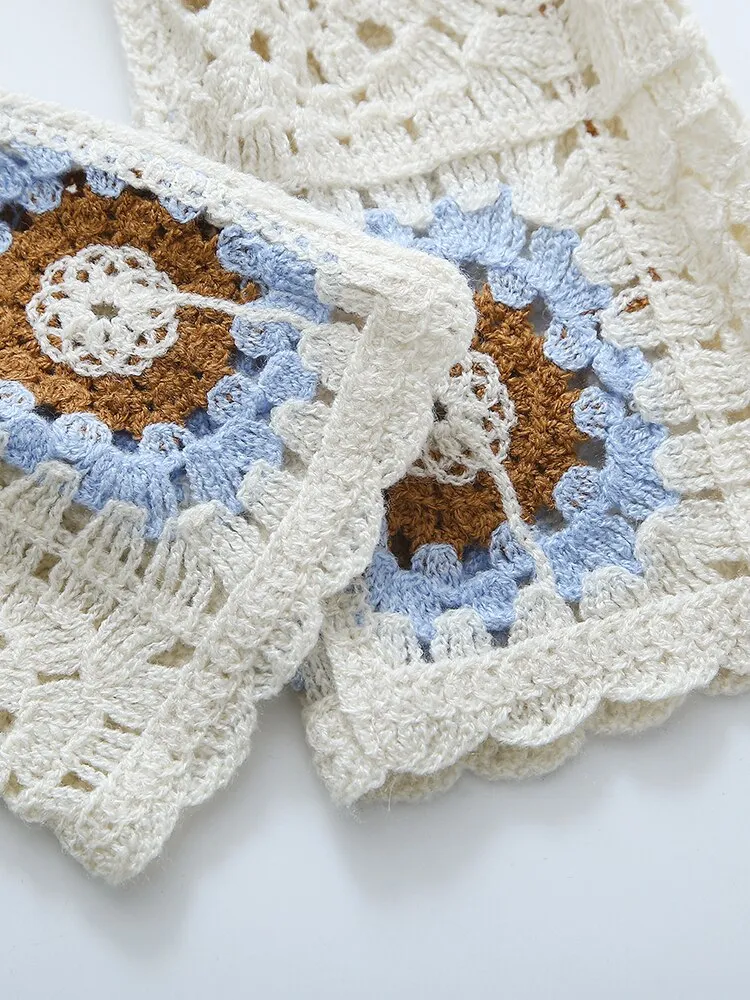 Granny Squares Button Up Collar Shirt White Or Beige With Brown Baby Blue Midrift Boho Sweater Cardigan Knitted Bohemian Long Sleeve Top One Size