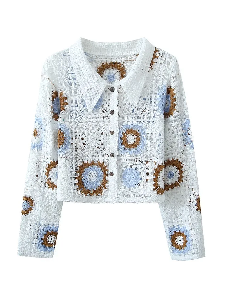 Granny Squares Button Up Collar Shirt White Or Beige With Brown Baby Blue Midrift Boho Sweater Cardigan Knitted Bohemian Long Sleeve Top One Size