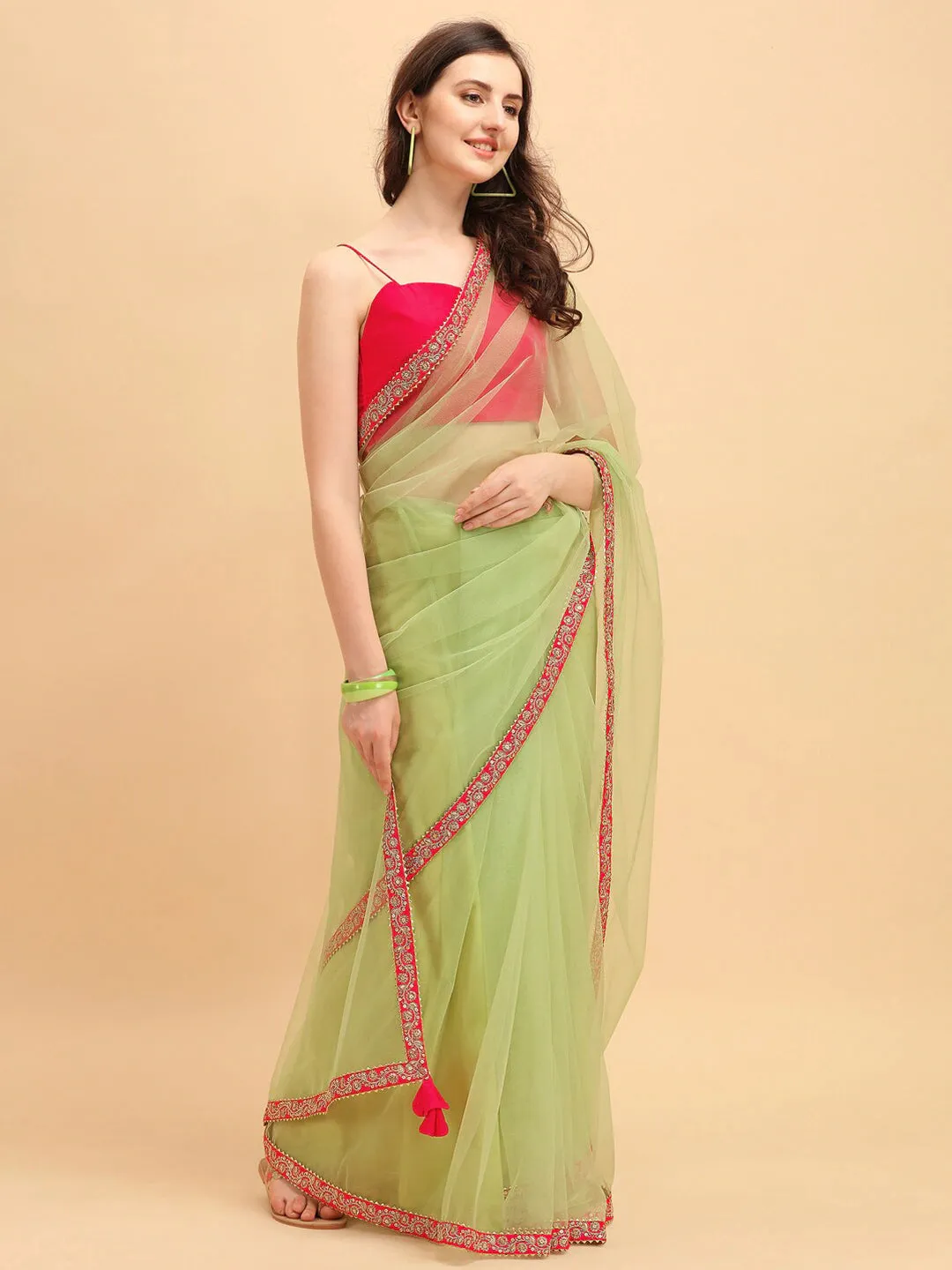 Green & Red Net Saree