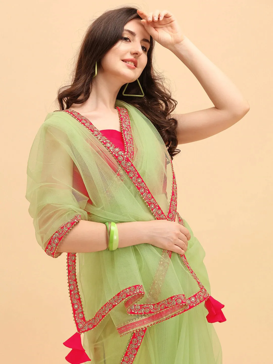 Green & Red Net Saree